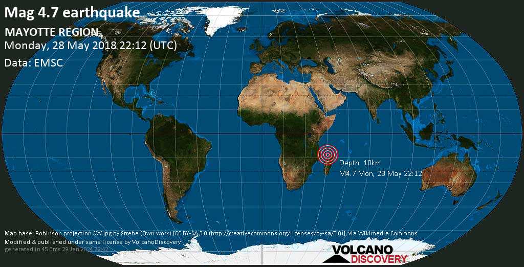 Quake Info Moderate Mag 4 7 Earthquake Mozambique Channel 46 Km East Of Mamoudzou Mayotte On Monday May 28 18 At 22 12 Gmt 156 User Experience Reports Volcanodiscovery