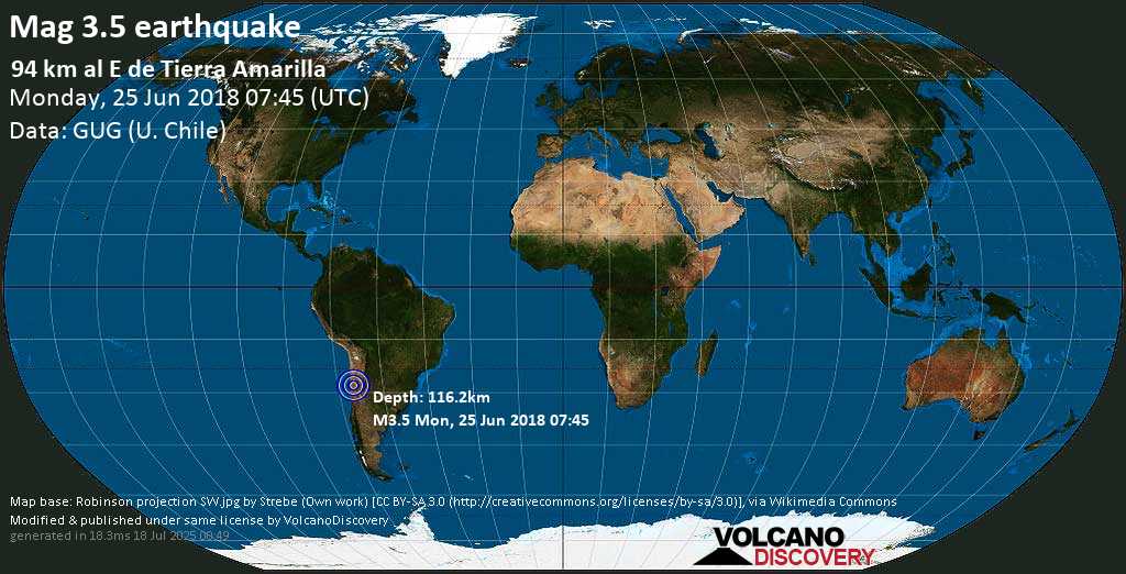 Mag. 3.5 earthquake - Copiapó Province, 105 km east of Copiapo, Atacama, Chile, on Monday, 25 June 2018 at 07:45 (GMT)