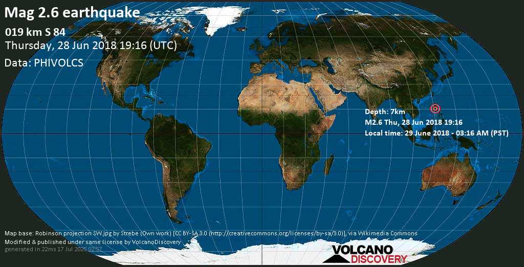 Mag. 2.6 earthquake - 019 Km S 84 on 29 June 2018 - 03:16 AM (PST)