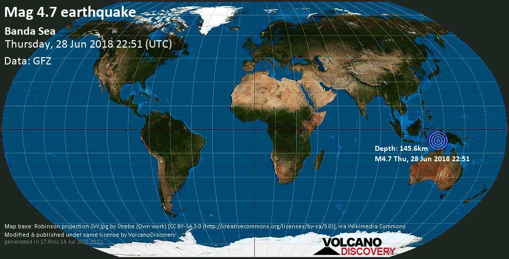 Mag. 4.4 earthquake - Banda Sea, 66 km south of Pulau Kekeh Besar Island, Maluku, Indonesia, on Thursday, 28 June 2018 at 22:51 (GMT)