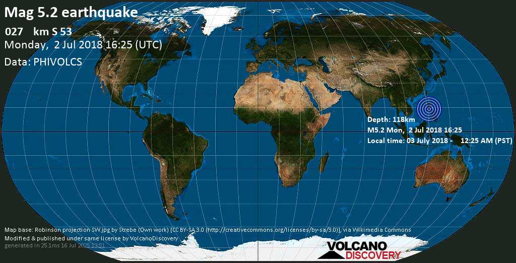 Moderate mag. 5.2 earthquake - South China Sea, 27 km southwest of Nasugbu, Batangas, Calabarzon, Philippines, on 03 July 2018 - 12:25 AM (PST)