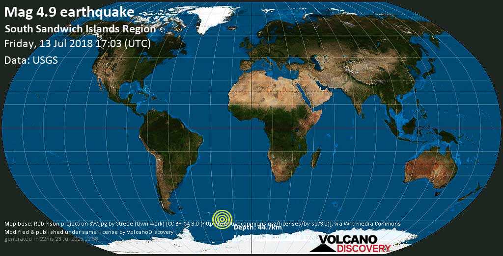 Moderate mag. 4.9 earthquake - South Atlantic Ocean, South Georgia & South Sandwich Islands, on 2018-07-13 15:03:33 -02:00