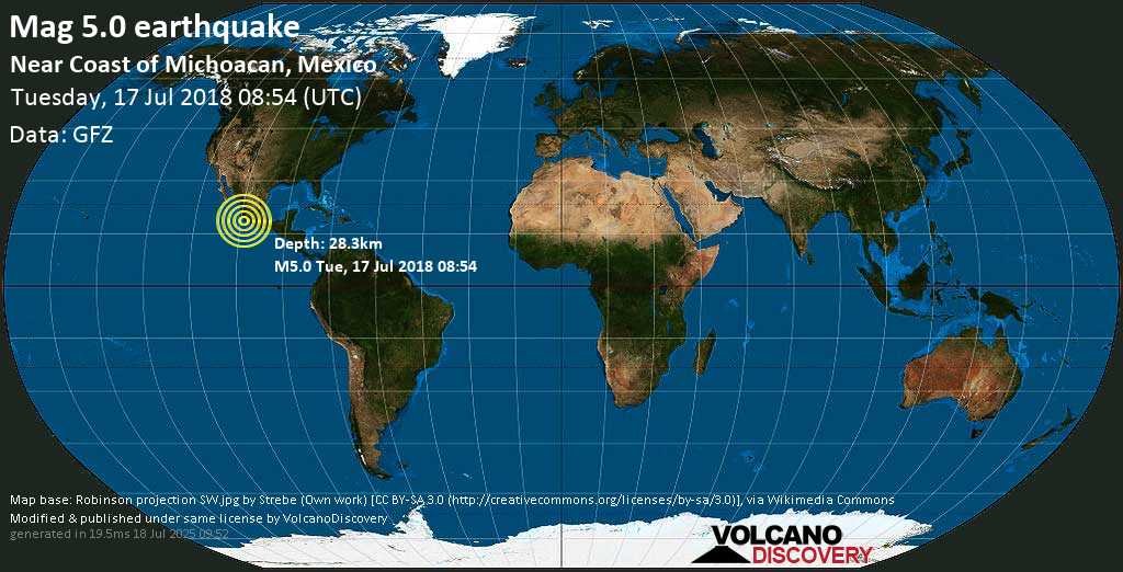 Moderate mag. 5.1 earthquake - 3.3 km west of El Coyul, Aquila, Michoacan, Mexico, on Tuesday, 17 July 2018 at 08:54 (GMT)