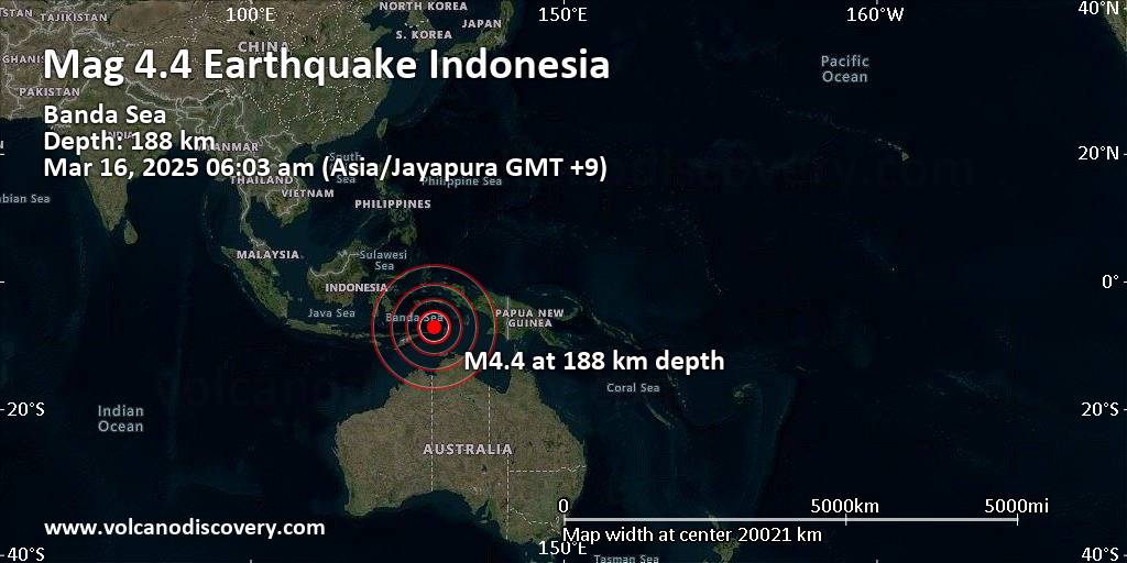 Modeate Mag。 4.4地震 – 印度尼西亚:2025年3月16日星期日的班达海,上午06:03(Jayapura Time) Modeate Mag。 4.4地震 – 印度尼西亚:2025年3月16日星期日的班达海,上午06:03(Jayapura Time)
