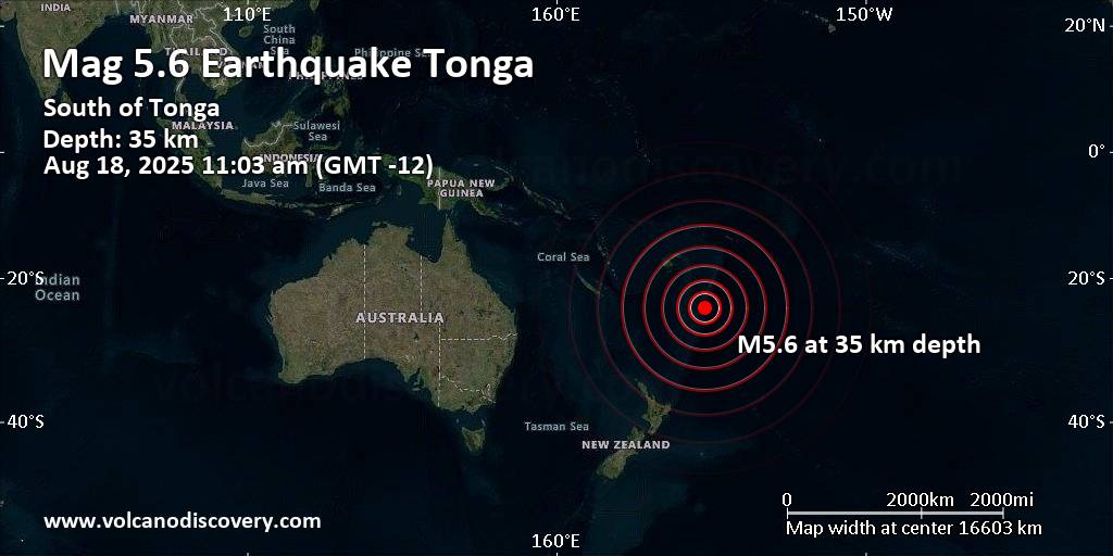 Very strong mag. 6.0 earthquake - Tonga on Monday, Aug 18, 2025, at 11:03 am (GMT -12) - information