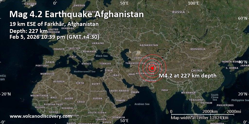 Moderate mag. 4.3 earthquake - 91 km southeast of Taloqan, Takhar, Afghanistan, on Thursday, Feb 5, 2026, at 10:39 pm (Kolkata time)