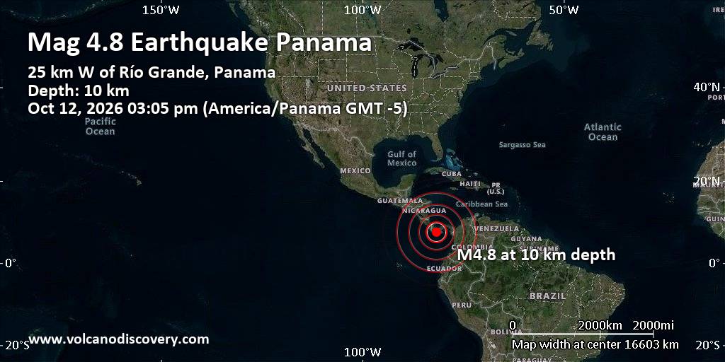 Mag. 4.8 earthquake - North Pacific Ocean, 77 km southwest of Santiago, Provincia de Veraguas, Panama, on Monday, Oct 12, 2026, at 03:05 pm (Panama time) -