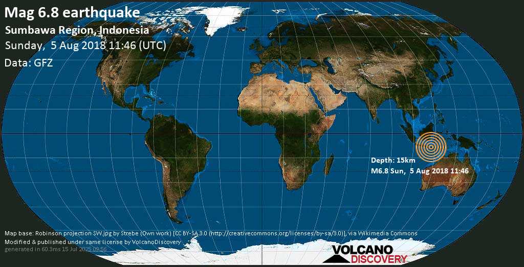 Strong mag. 6.8 earthquake - Sumbawa Region, Indonesia on Sunday, 5 August 2018