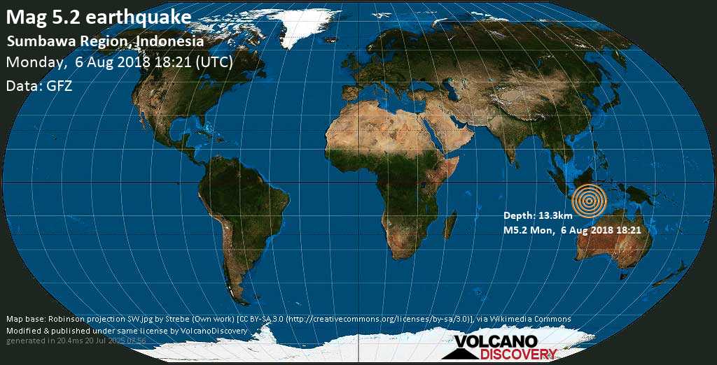 Moderate mag. 5.1 earthquake - Sumbawa Region, Indonesia on Monday, 6 August 2018