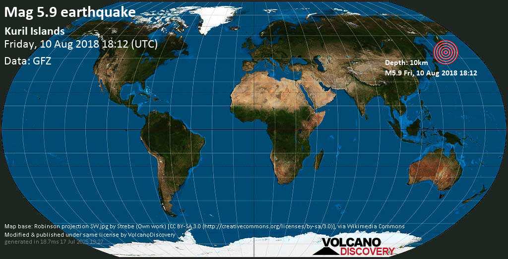 Strong mag. 6.0 earthquake - North Pacific Ocean, 73 km southeast of Shiashkotan Island, Sakhalin Oblast, Russia, on Friday, 10 August 2018 at 18:12 (GMT)