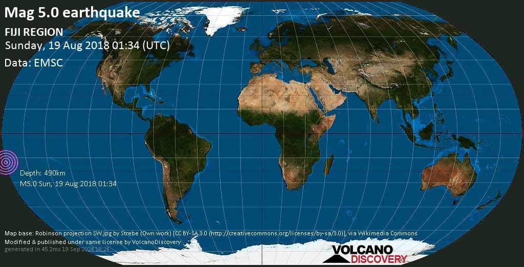 Seisme Modere Mag 5 0 South Pacific Ocean 63 Km Au Sud Est De Nggilanggila Fidji On Sunday 19 August 2018 At 01 34 Gmt Volcanodiscovery