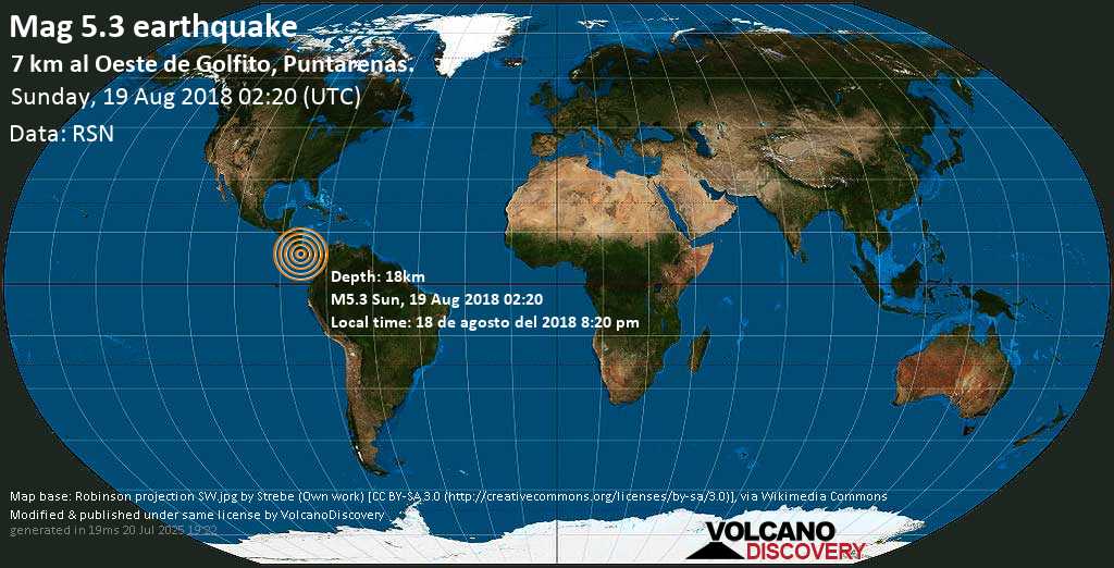 Moderate mag. 5.3 earthquake - 7 Km Al Oeste De Golfito, Puntarenas. on Sunday, 19 August 2018