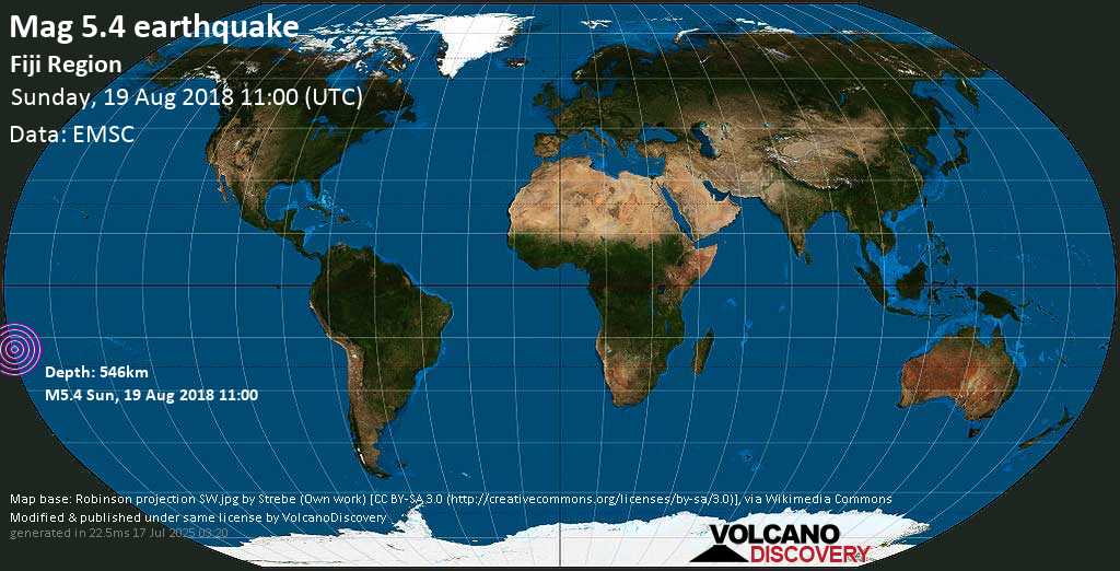 Moderate mag. 5.2 earthquake - South Pacific Ocean, 373 km east of Suva, Central, Fiji, on Sunday, 19 August 2018 at 11:00 (GMT)