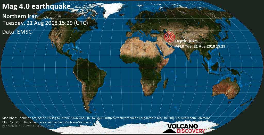 Mag. 4.0 earthquake - Golestan, 34 km north of Shahrud, Semnan, Iran, on Tuesday, 21 August 2018 at 15:29 (GMT)