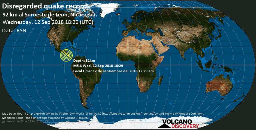 Moderate mag. 5.6 earthquake - North Pacific Ocean, 72 km southwest of Leon, Departamento de Leon, Nicaragua, on 12 de septiembre del 2018 12:29 am