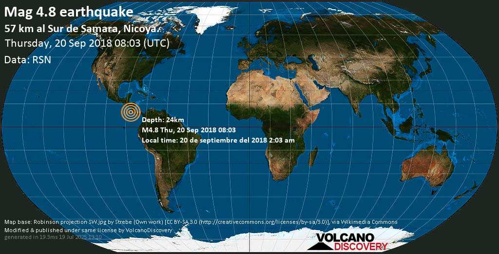 Mag. 4.8 earthquake - North Pacific Ocean, 196 km west of San Jose, San José, San Jose, Costa Rica, on 20 de septiembre del 2018 2:03 am