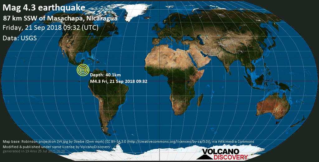 Light mag. 4.3 earthquake - 86km SSW of Masachapa, Nicaragua on Friday, 21 September 2018