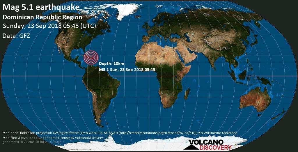 Moderate mag. 5.2 earthquake - 6.4 km north of Villa Elisa, Dominican Republic, on Sunday, 23 September 2018 at 05:45 (GMT)