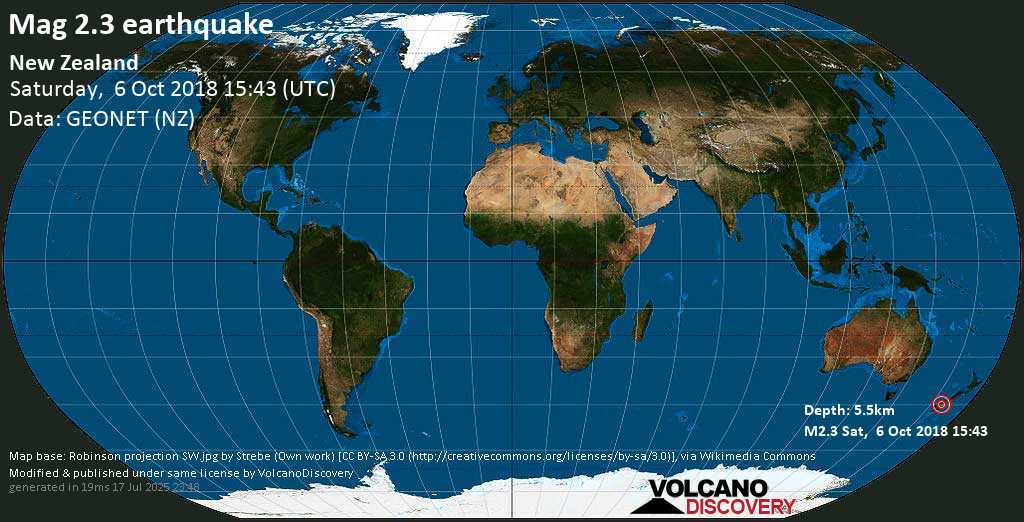 Mag. 2.3 earthquake - 13 km northeast of Milford Sound, Southland District, New Zealand, on Saturday, 6 October 2018 at 15:43 (GMT)