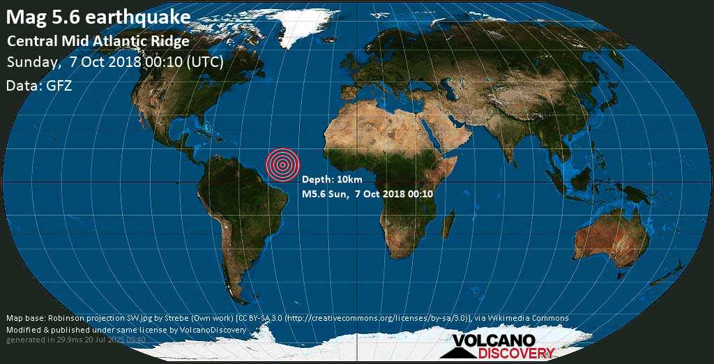 Moderate mag. 5.5 earthquake - Central Mid Atlantic Ridge on Sunday, 7 October 2018