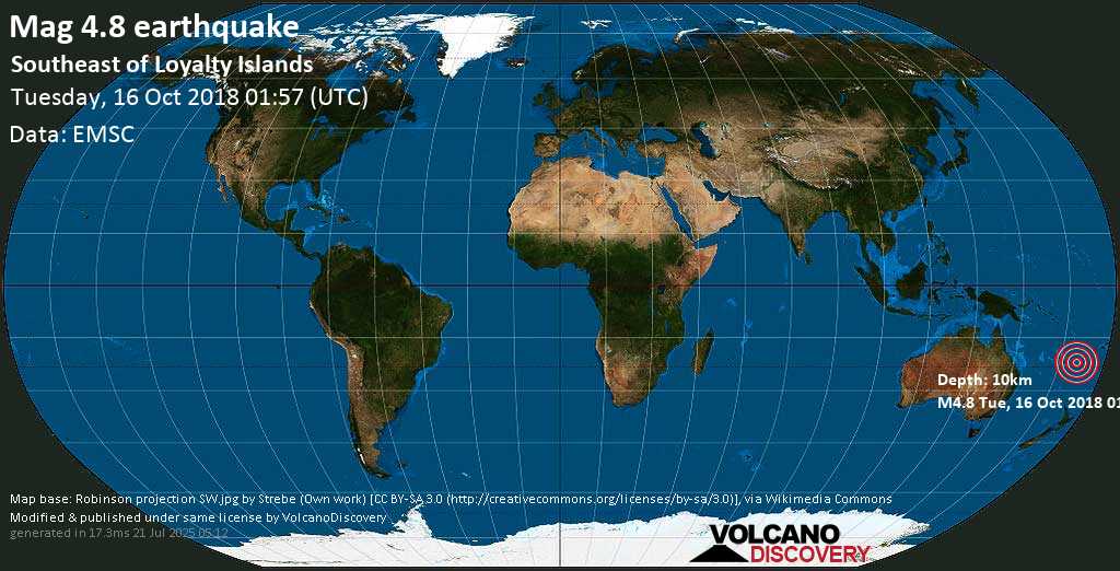 Light mag. 4.8 earthquake - SOUTHEAST OF LOYALTY ISLANDS on Tuesday, 16 October 2018