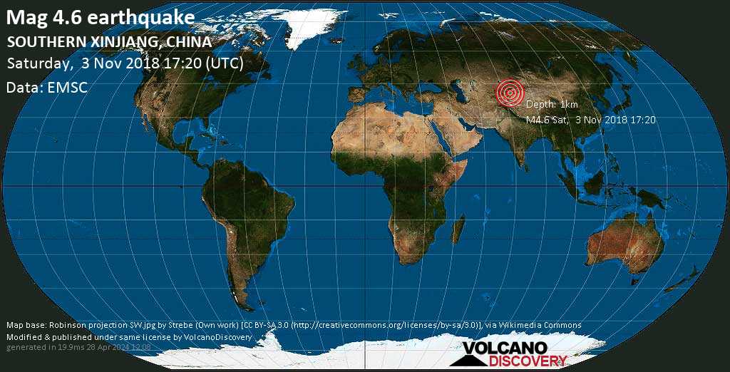 Умеренное землетрясение маг. 4.6 - 175 km к северо-востоку от Кашгар, Xinjiang, Китай, Суббота, 03 ноября 2018 17:20