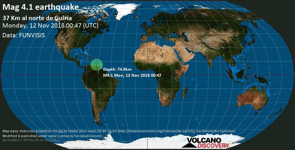 Light mag. 4.1 earthquake - 37 Km al norte de Guiria on Monday, 12 November 2018
