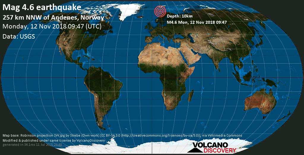 Light mag. 4.6 earthquake - 256km NNW of Andenes, Norway on Monday, 12 November 2018