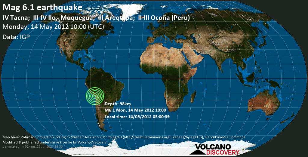 Strong mag. 6.1 earthquake - 21 km east of Tacna, Peru, on 14/05/2012 05:00:39