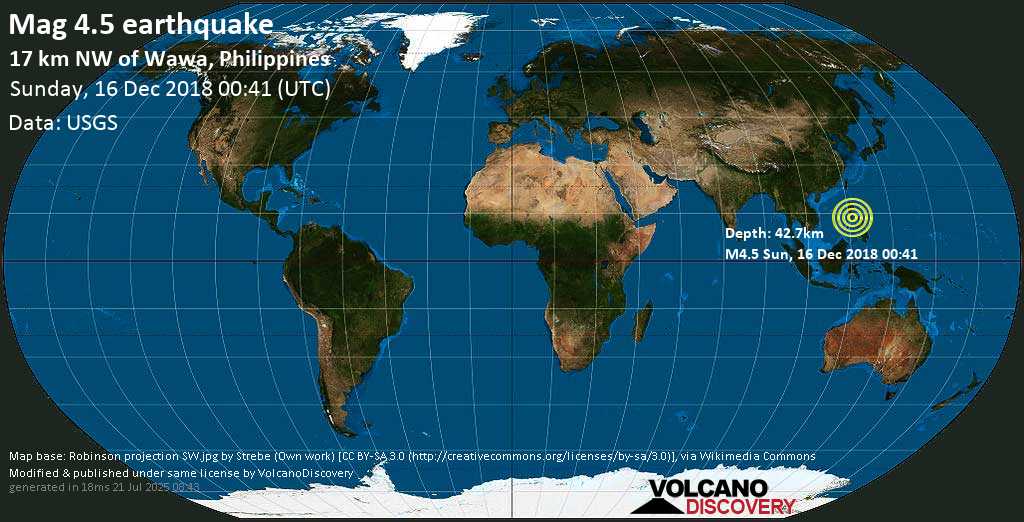 Mag. 4.5 earthquake - South China Sea, 15 km northwest of Wawa, Philippines, on 2018-12-16 08:41:21 +08:00