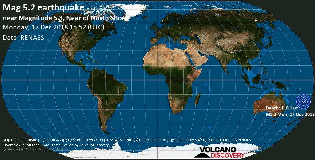 Moderates Erdbeben der Stärke 4.8 - South Pacific Ocean, 371 km östlich von Noumea, Neukaledonien, am Montag, 17. Dez 2018 um 15:52 GMT