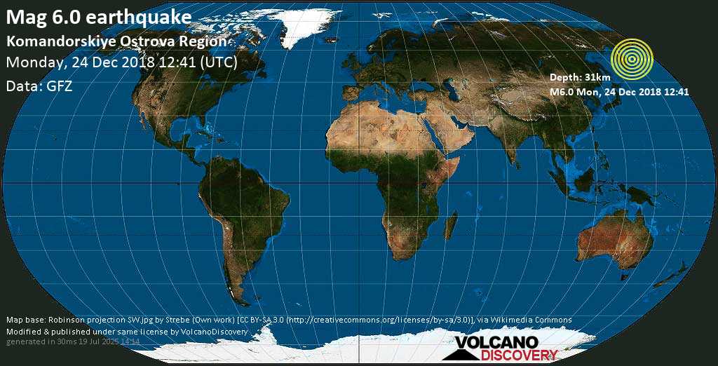 Strong mag. 6.0 earthquake - Komandorskiye Ostrova Region on Monday, 24 December 2018