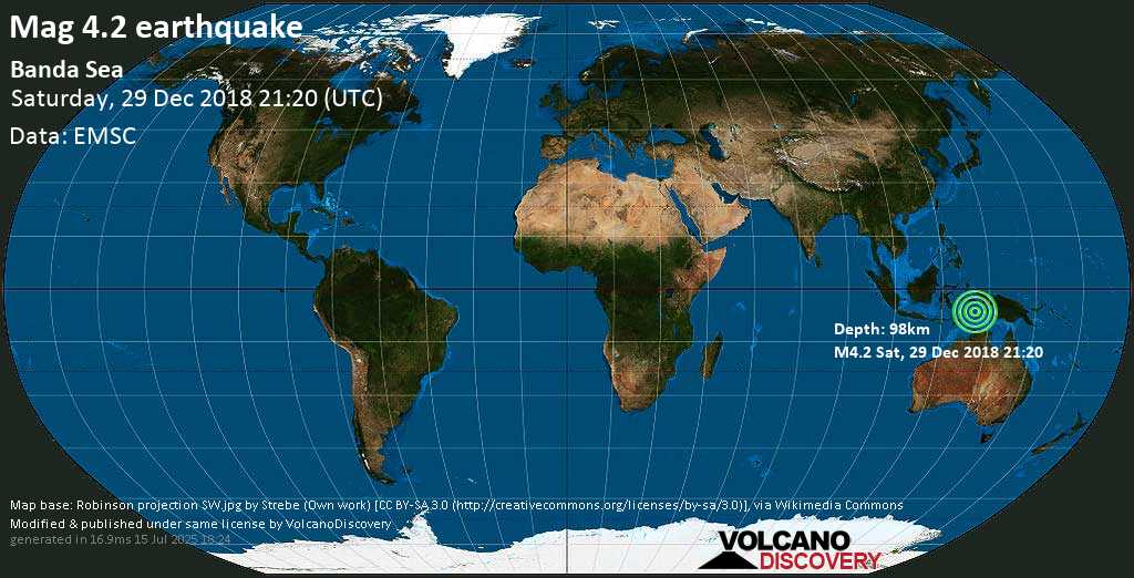 Mag. 4.2 earthquake - Banda Sea, 25 km southwest of Pulau Kekeh Besar Island, Maluku, Indonesia, on Saturday, 29 December 2018 at 21:20 (GMT)
