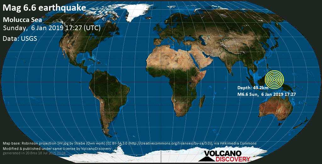 Terremoto forte mag. 6.6 - Maluku Sea, 103 km a nord ovest da Pulau Tutu , Maluku Utara, Indonesia, domenica, 06 gennaio 2019