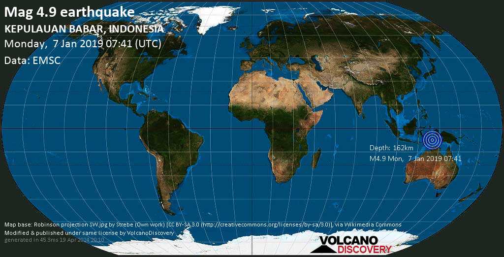 Light mag. 4.9 earthquake - Banda Sea, 409 km south of Ambon City, Maluku, Indonesia, on Monday, January 7, 2019 at 07:41 GMT