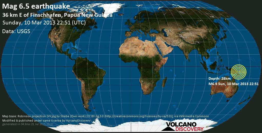 Strong mag. 6.5 earthquake - 32km E of Finschhafen, Papua New Guinea on Sunday, 10 March 2013
