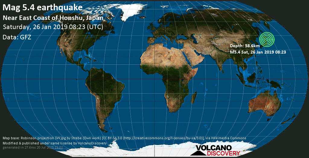 Moderate mag. 5.5 earthquake - North Pacific Ocean, 62 km east of Hachinohe, Aomori, Japan, on Saturday, 26 January 2019 at 08:23 (GMT)