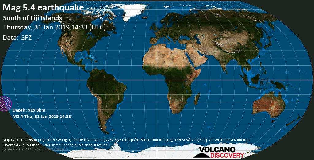 Moderate mag. 5.2 earthquake - South Pacific Ocean on Thursday, 31 January 2019 at 14:33 (GMT)