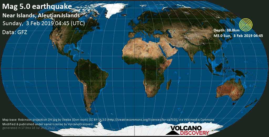 Moderate mag. 5.0 earthquake - Near Islands, Aleutian Islands on Sunday, 3 February 2019