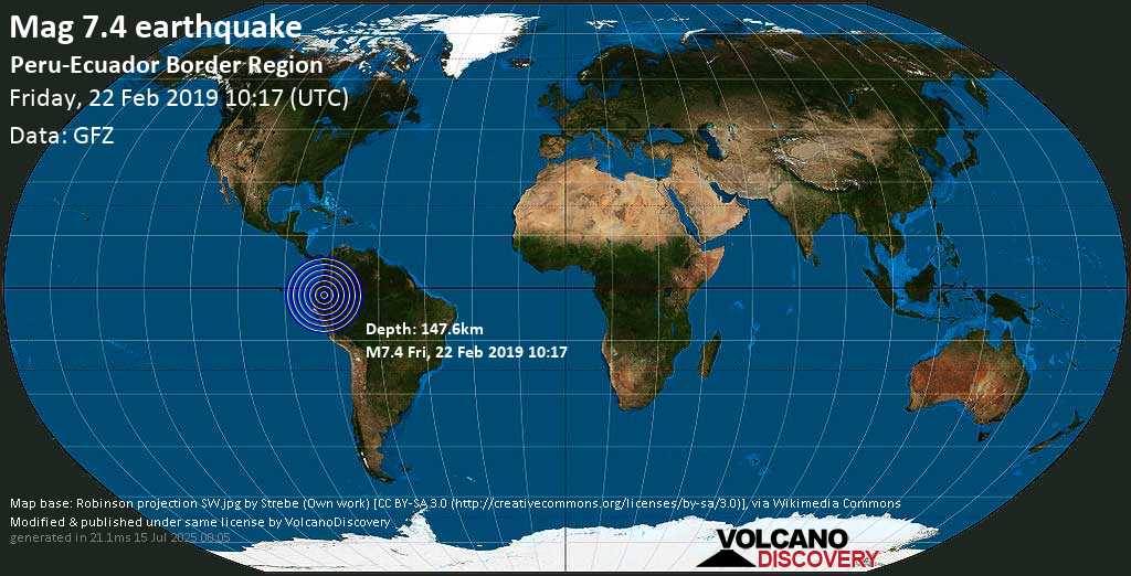 Major mag. 7.5 earthquake - Peru-Ecuador Border Region on Friday, 22 February 2019