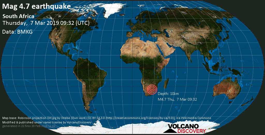 Moderate mag. 4.7 earthquake - 6.3 km southeast of Fochville, North West, South Africa, on Thursday, March 7, 2019 at 09:32 GMT