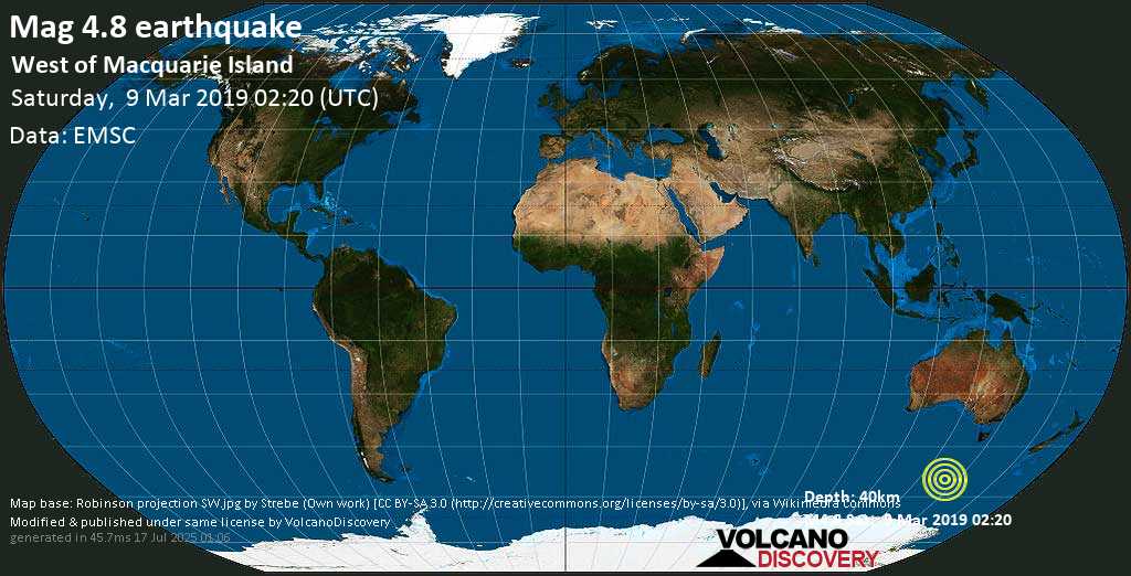 Mag. 4.8 earthquake - WEST OF MACQUARIE ISLAND on Saturday, 9 March 2019 at 02:20 (GMT)
