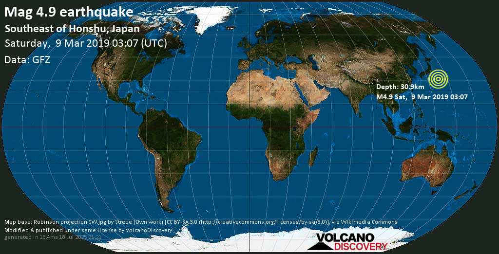 Strong mag. 5.2 earthquake - North Pacific Ocean, 635 km southeast of Tokyo, Japan, on Saturday, 9 March 2019 at 03:07 (GMT)
