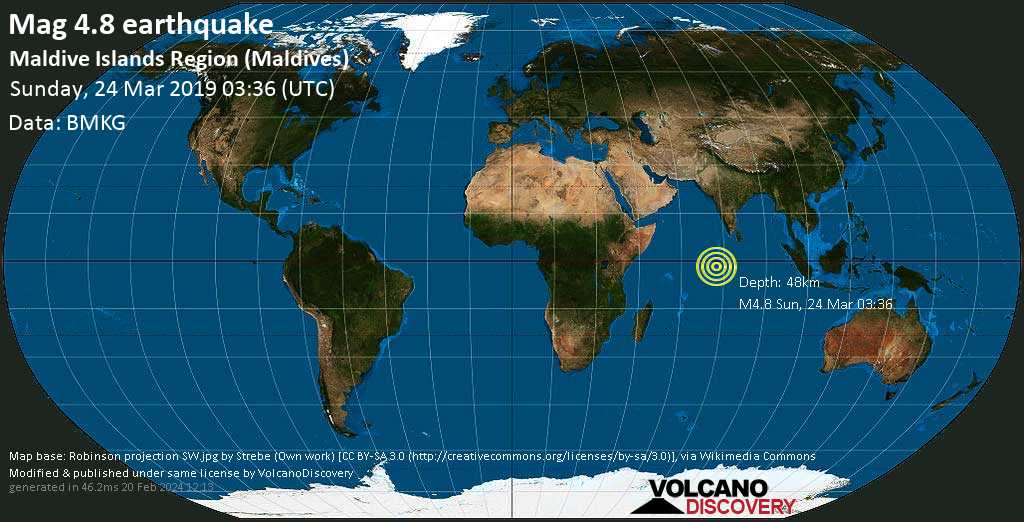 Moderates Erdbeben Der Starke 4 8 Indischer Ozean 676 Km Sudlich Von Male Kaafu Atoll Malediven Am Sonntag 24 Mar 2019 Um 03 36 Gmt Volcanodiscovery