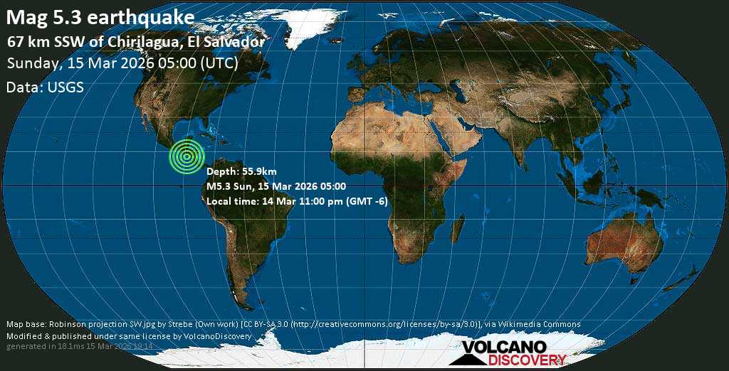 Strong mag. 5.3 Earthquake - North Pacific Ocean, 95 km south of San Miguel, El Salvador, on Saturday, Mar 14, 2026, at 11:00 pm (GMT -6)