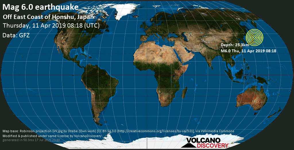 Strong mag. 6.0 earthquake - North Pacific Ocean, 149 km east of Hachinohe, Hachinohe Shi, Aomori, Japan, on Thursday, 11 April 2019 at 08:18 (GMT)