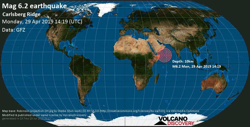 Strong mag. 6.3 earthquake - Carlsberg Ridge (Yemen) on Monday, 29 April 2019