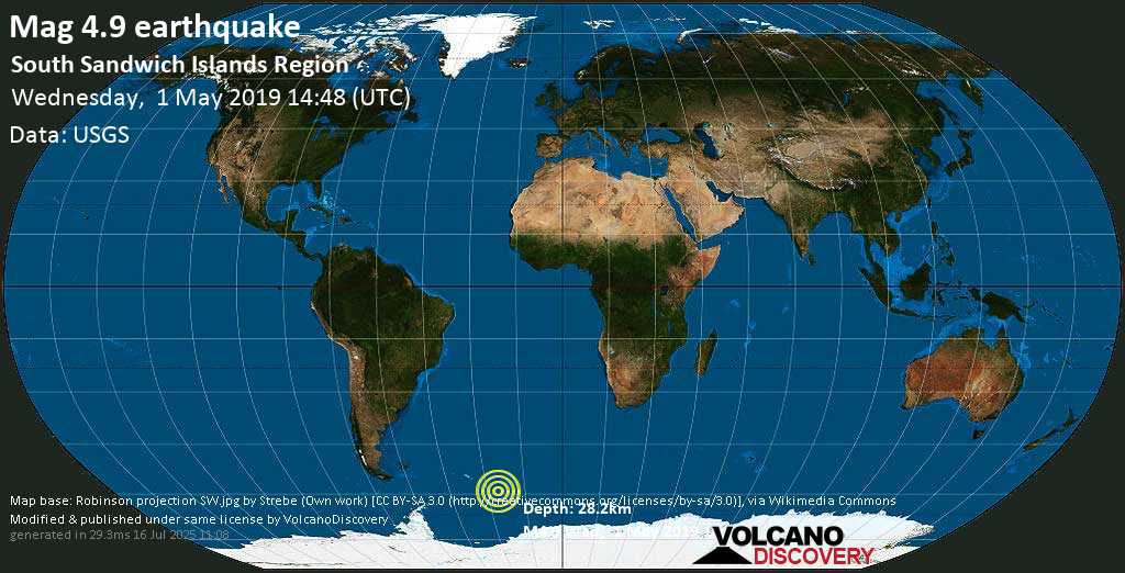 Moderate mag. 4.9 earthquake - South Atlantic Ocean, South Georgia & South Sandwich Islands, on 2019-05-01 12:48:11 -02:00