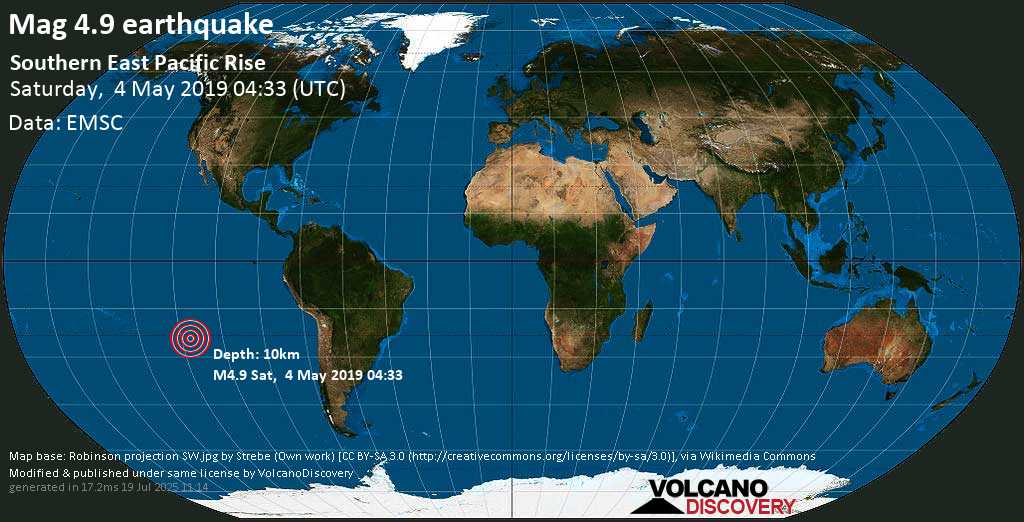 Moderate mag. 5.0 earthquake - Southern East Pacific Rise on Saturday, 4 May 2019 at 04:33 (GMT)