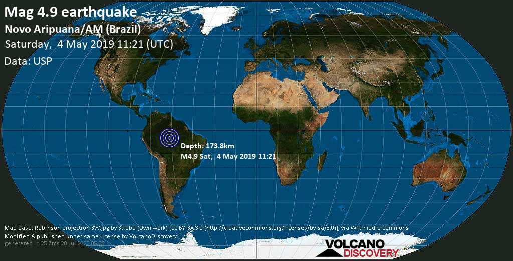 Light mag. 4.9 earthquake - Novo Aripuana/AM (Brazil) on Saturday, 4 May 2019
